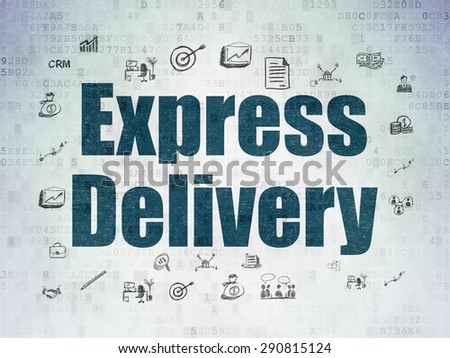 Finance concept: Painted blue text Express Delivery on Digital Paper background with  Hand Drawn Business Icons, 3d render