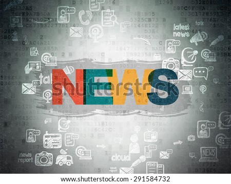 News concept: Painted multicolor text News on Digital Paper background with Scheme Of Hand Drawn News Icons, 3d render