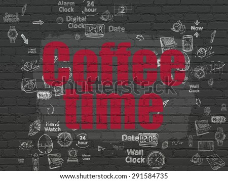 Time concept: Painted red text Coffee Time on Black Brick wall background with Scheme Of Hand Drawing Time Icons, 3d render
