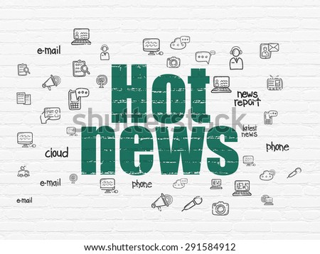 News concept: Painted green text Hot News on White Brick wall background with  Hand Drawn News Icons, 3d render