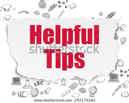 Studying concept: Painted red text Helpful Tips on Torn Paper background with Scheme Of Hand Drawn Education Icons, 3d render