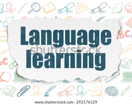 Education concept: Painted blue text Language Learning on Torn Paper background with  Hand Drawn Education Icons, 3d render