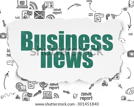 News concept: Painted green text Business News on Torn Paper background with Scheme Of Hand Drawn News Icons, 3d render