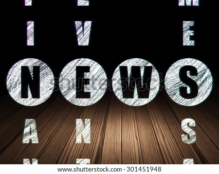 News concept: Glowing word News in solving Crossword Puzzle in grunge dark room with Wooden Floor, black background, 3d render