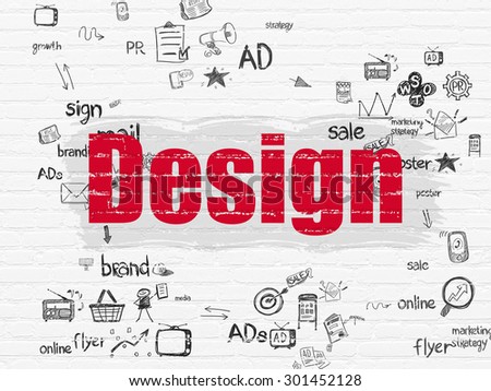 Marketing concept: Painted red text Design on White Brick wall background with Scheme Of Hand Drawn Marketing Icons, 3d render