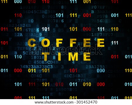 Timeline concept: Pixelated yellow text Coffee Time on Digital wall background with Binary Code, 3d render