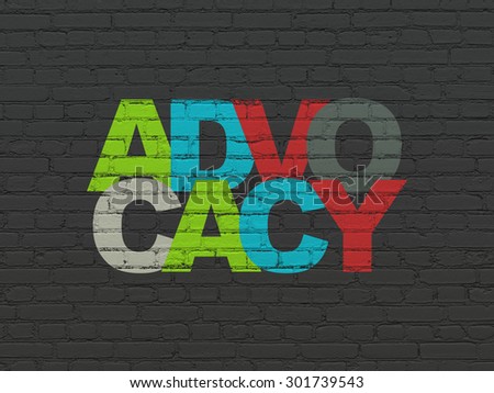 Law concept: Painted multicolor text Advocacy on Black Brick wall background, 3d render