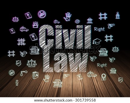 Law concept: Glowing text Civil Law,  Hand Drawn Law Icons in grunge dark room with Wooden Floor, black background, 3d render