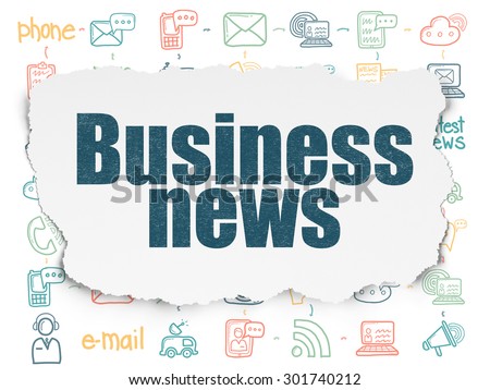 News concept: Painted blue text Business News on Torn Paper background with Scheme Of Hand Drawn News Icons, 3d render