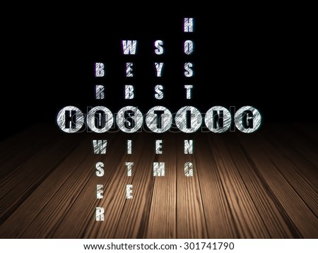 Web design concept: Glowing word Hosting in solving Crossword Puzzle in grunge dark room with Wooden Floor, black background, 3d render