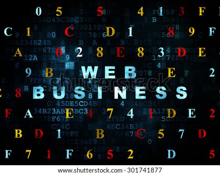 Web design concept: Pixelated blue text Web Business on Digital wall background with Hexadecimal Code, 3d render