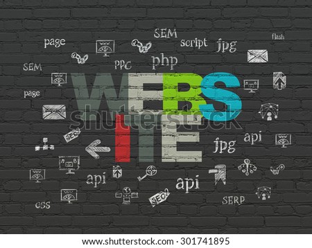 Web development concept: Painted multicolor text Website on Black Brick wall background with  Hand Drawn Site Development Icons, 3d render