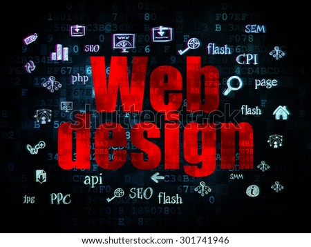 Web design concept: Pixelated red text Web Design on Digital background with  Hand Drawn Site Development Icons, 3d render