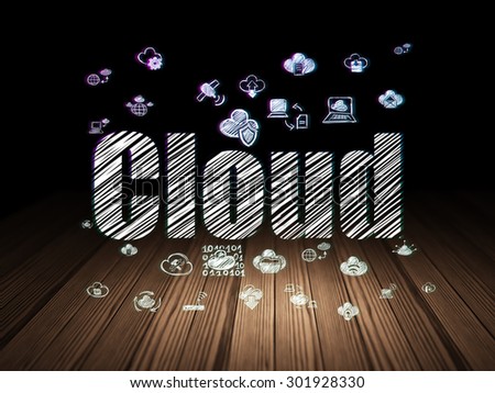 Cloud networking concept: Glowing text Cloud,  Hand Drawn Cloud Technology Icons in grunge dark room with Wooden Floor, black background, 3d render