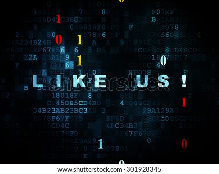 Social media concept: Pixelated blue text Like us! on Digital wall background with Binary Code, 3d render