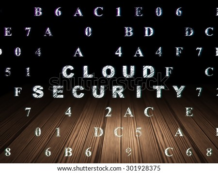 Cloud networking concept: Glowing text Cloud Security in grunge dark room with Wooden Floor, black background with Hexadecimal Code, 3d render