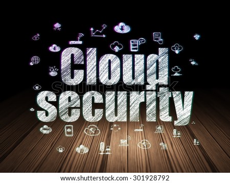 Cloud networking concept: Glowing text Cloud Security,  Hand Drawn Cloud Technology Icons in grunge dark room with Wooden Floor, black background, 3d render