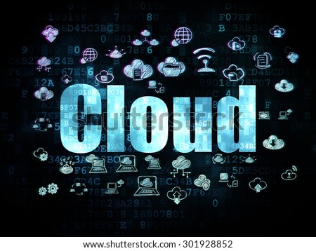 Cloud networking concept: Pixelated blue text Cloud on Digital background with  Hand Drawn Cloud Technology Icons, 3d render