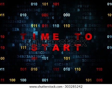 Time concept: Pixelated red text Time to Start on Digital wall background with Binary Code, 3d render