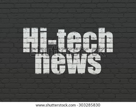 News concept: Painted white text Hi-tech News on Black Brick wall background, 3d render