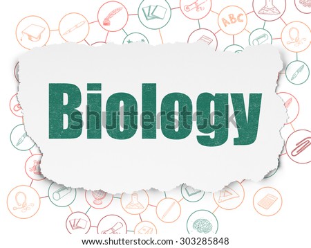 Education concept: Painted green text Biology on Torn Paper background with Scheme Of Hand Drawn Education Icons, 3d render