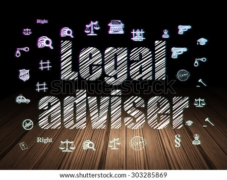 Law concept: Glowing text Legal Adviser,  Hand Drawn Law Icons in grunge dark room with Wooden Floor, black background, 3d render