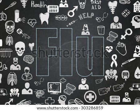 Health concept: Chalk Blue text Flu on School Board background with  Hand Drawn Medicine Icons, 3d render