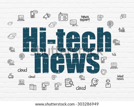 News concept: Painted blue text Hi-tech News on White Brick wall background with  Hand Drawn News Icons, 3d render