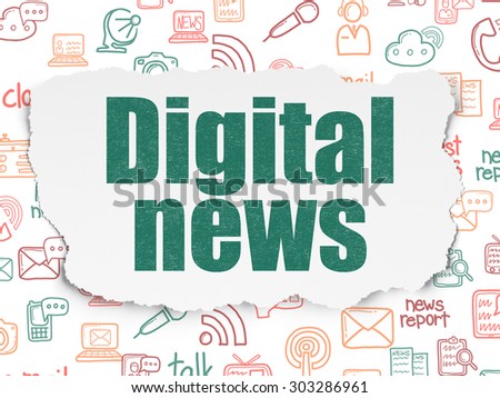 News concept: Painted green text Digital News on Torn Paper background with  Hand Drawn News Icons, 3d render