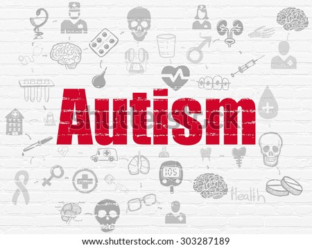 Healthcare concept: Painted red text Autism on White Brick wall background with Scheme Of Hand Drawn Medicine Icons, 3d render