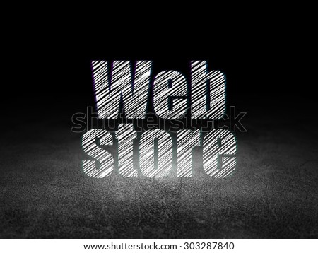 Web design concept: Glowing text Web Store in grunge dark room with Dirty Floor, black background, 3d render
