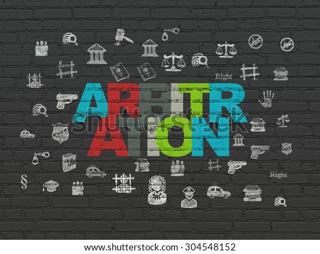 Law concept: Painted multicolor text Arbitration on Black Brick wall background with  Hand Drawn Law Icons, 3d render