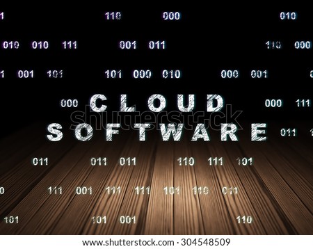 Cloud technology concept: Glowing text Cloud Software in grunge dark room with Wooden Floor, black background with Binary Code, 3d render