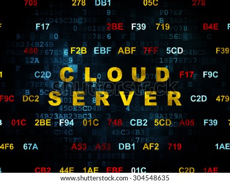 Cloud technology concept: Pixelated yellow text Cloud Server on Digital wall background with Hexadecimal Code, 3d render