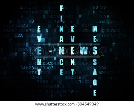 News concept: Pixelated blue word E-news in solving Crossword Puzzle on Digital background, 3d render