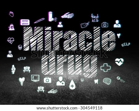Healthcare concept: Glowing text Miracle Drug,  Hand Drawn Medicine Icons in grunge dark room with Dirty Floor, black background, 3d render