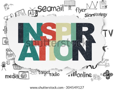 Marketing concept: Painted multicolor text Inspiration on Torn Paper background with  Hand Drawn Marketing Icons, 3d render