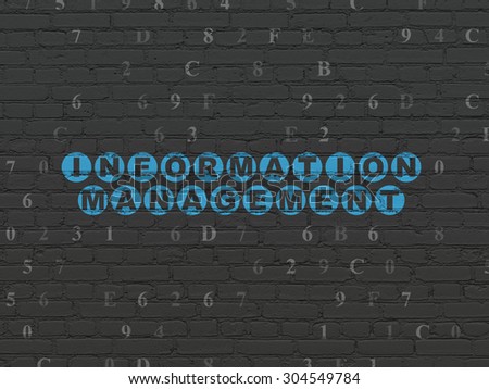 Data concept: Painted blue text Information Management on Black Brick wall background with Hexadecimal Code, 3d render