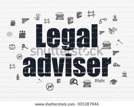 Law concept: Painted black text Legal Adviser on White Brick wall background with  Hand Drawn Law Icons, 3d render