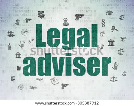 Law concept: Painted green text Legal Adviser on Digital Paper background with  Hand Drawn Law Icons, 3d render