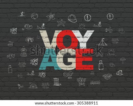 Vacation concept: Painted multicolor text Voyage on Black Brick wall background with  Hand Drawn Vacation Icons, 3d render