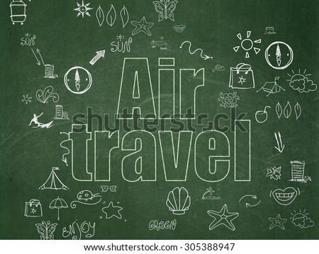 Tourism concept: Chalk Green text Air Travel on School Board background with Scheme Of Hand Drawn Vacation Icons, 3d render