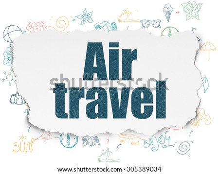 Tourism concept: Painted blue text Air Travel on Torn Paper background with Scheme Of Hand Drawn Vacation Icons, 3d render
