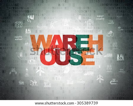 Manufacuring concept: Painted multicolor text Warehouse on Digital Paper background with  Hand Drawn Industry Icons, 3d render