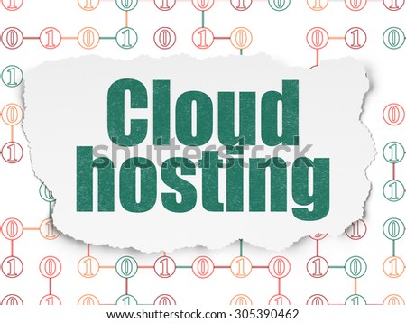Cloud technology concept: Painted green text Cloud Hosting on Torn Paper background with Scheme Of Binary Code, 3d render