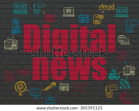 News concept: Painted red text Digital News on Black Brick wall background with Scheme Of Hand Drawn News Icons, 3d render