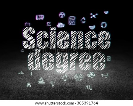 Science concept: Glowing text Science Degree,  Hand Drawn Science Icons in grunge dark room with Dirty Floor, black background, 3d render
