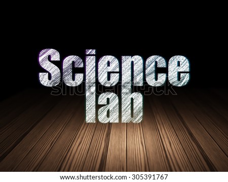 Science concept: Glowing text Science Lab in grunge dark room with Wooden Floor, black background, 3d render
