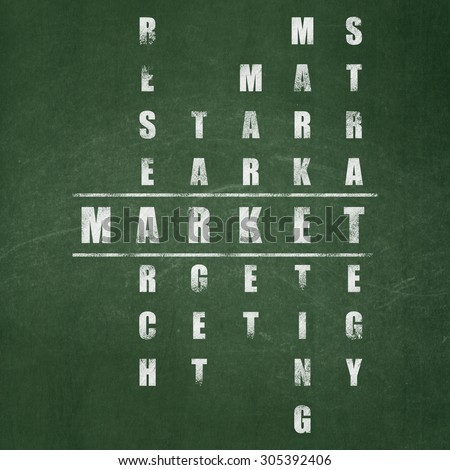 Advertising concept: Painted White word Market in solving Crossword Puzzle on School Board background, 3d render