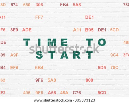 Time concept: Painted green text Time to Start on White Brick wall background with Hexadecimal Code, 3d render